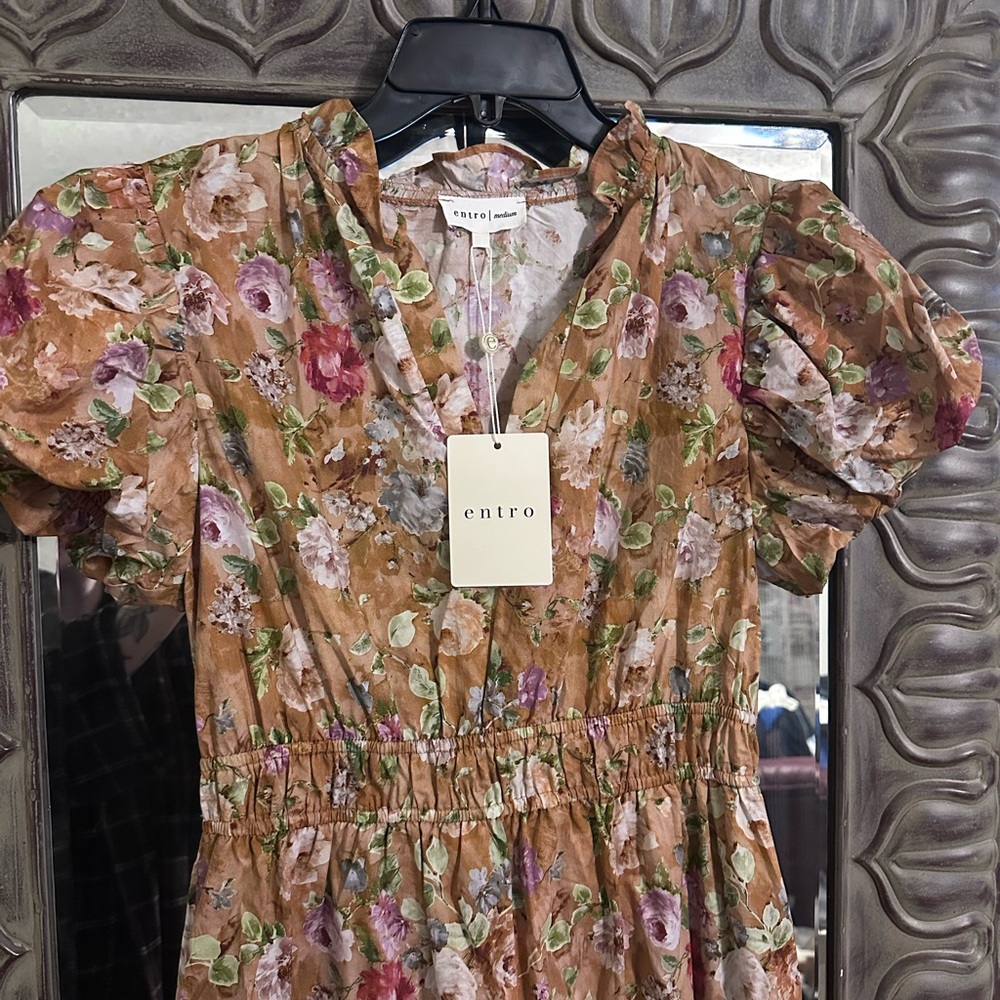 entro Floral Tiered Maxi Dress in Brown with Pink Accents - Picture 2 of 4